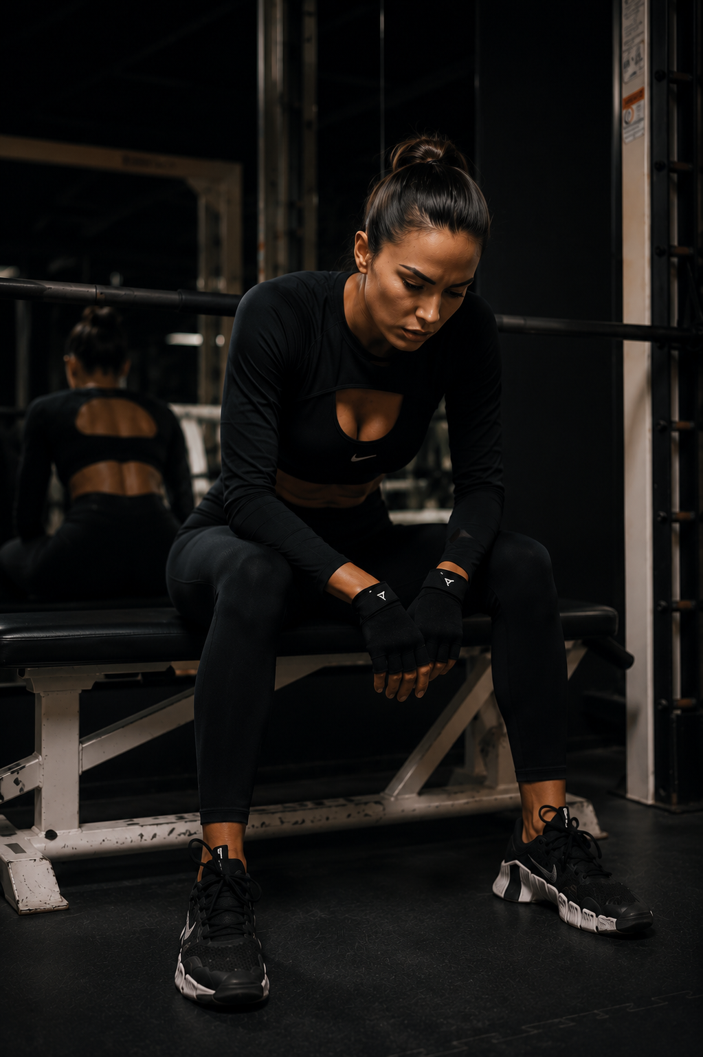 Woman sitting on a bench between sets, taking a quiet moment to reflect